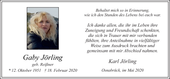 Traueranzeige von Gaby Jörling von Neue Osnabrücker Zeitung GmbH & Co. KG