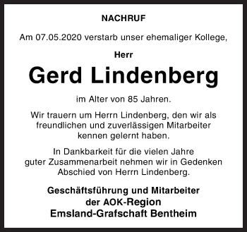 Traueranzeige von Gerd Lindenberg von Neue Osnabrücker Zeitung GmbH & Co. KG