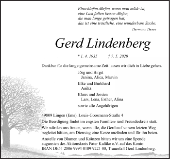 Traueranzeige von Gerd Lindenberg von Neue Osnabrücker Zeitung GmbH & Co. KG