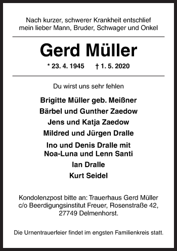 Traueranzeige von Gerd Müller von Neue Osnabrücker Zeitung GmbH & Co. KG
