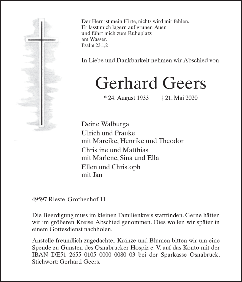  Traueranzeige für Gerhard Geers vom 23.05.2020 aus Neue Osnabrücker Zeitung GmbH & Co. KG