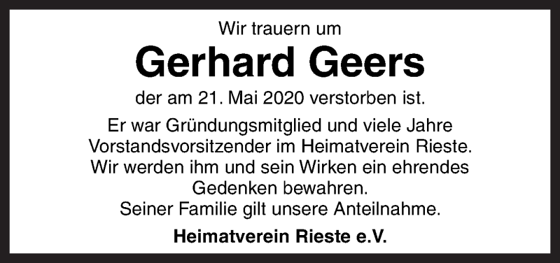  Traueranzeige für Gerhard Geers vom 26.05.2020 aus Neue Osnabrücker Zeitung GmbH & Co. KG