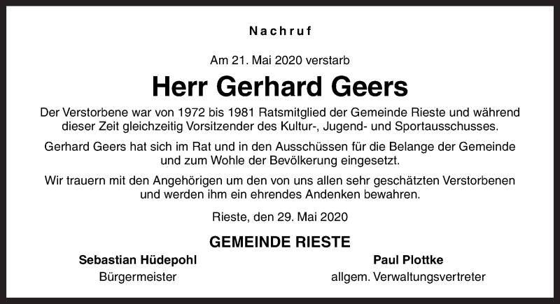  Traueranzeige für Gerhard Geers vom 29.05.2020 aus Neue Osnabrücker Zeitung GmbH & Co. KG