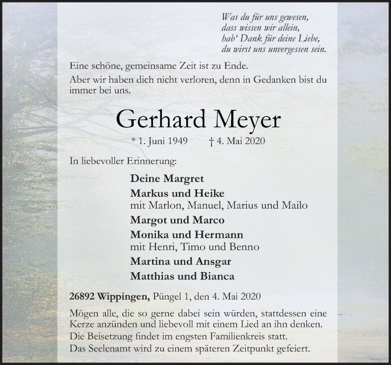  Traueranzeige für Gerhard Meyer vom 06.05.2020 aus Neue Osnabrücker Zeitung GmbH & Co. KG