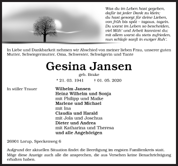 Traueranzeige von Gesina Jansen von Neue Osnabrücker Zeitung GmbH & Co. KG