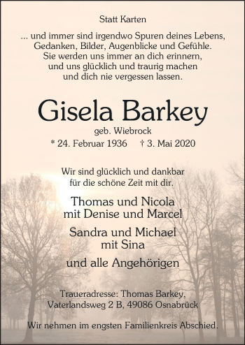 Traueranzeige von Gisela Barkey von Neue Osnabrücker Zeitung GmbH & Co. KG