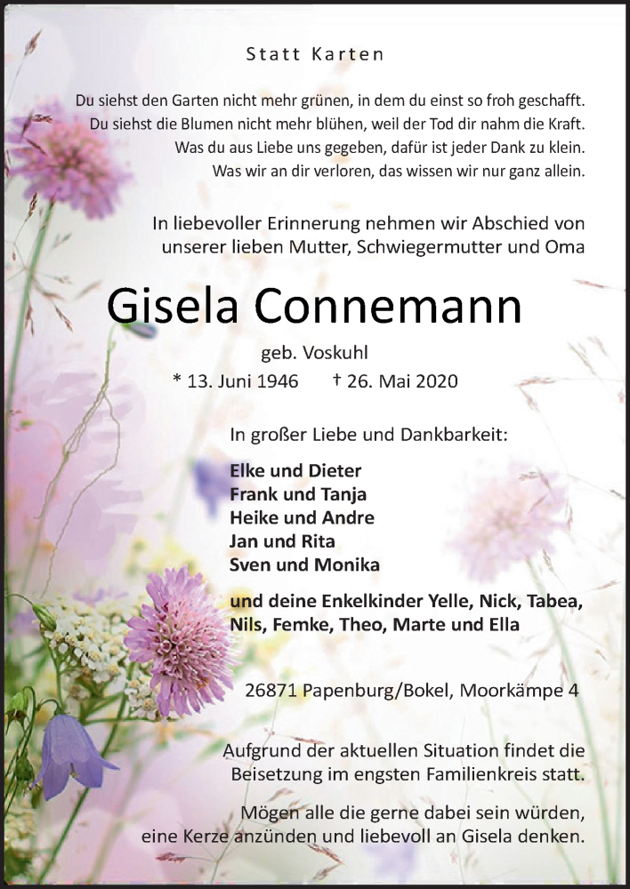  Traueranzeige für Gisela Connemann vom 29.05.2020 aus Neue Osnabrücker Zeitung GmbH & Co. KG