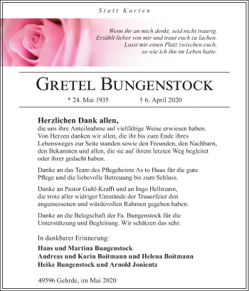 Traueranzeige von Gretel Bungenstock von Neue Osnabrücker Zeitung GmbH & Co. KG