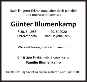 Traueranzeige von Günter Blumenkamp von Neue Osnabrücker Zeitung GmbH & Co. KG