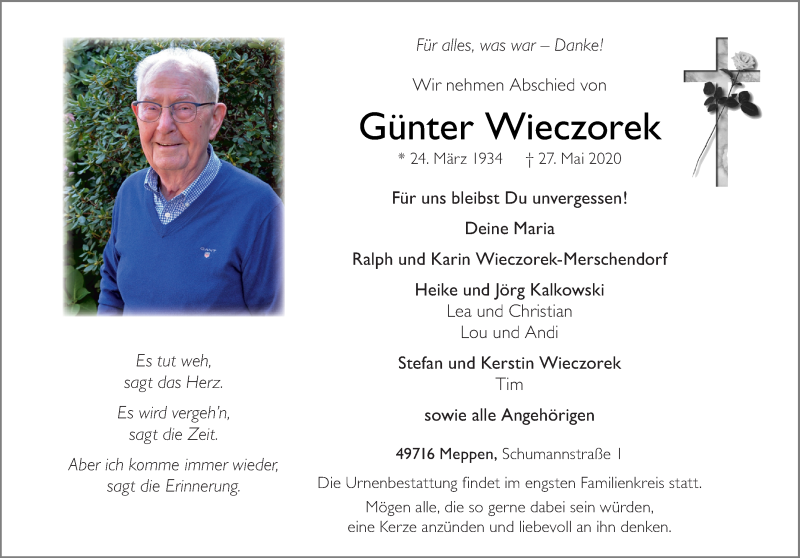  Traueranzeige für Günter Wieczorek vom 30.05.2020 aus Neue Osnabrücker Zeitung GmbH & Co. KG