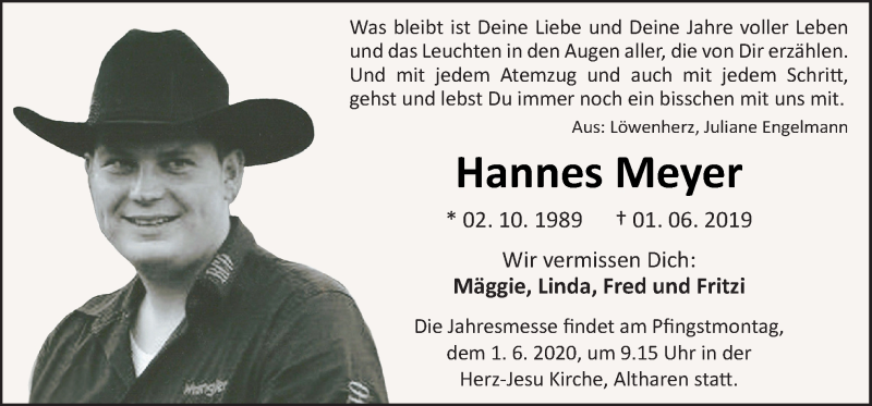  Traueranzeige für Hannes Meyer vom 30.05.2020 aus Neue Osnabrücker Zeitung GmbH & Co. KG