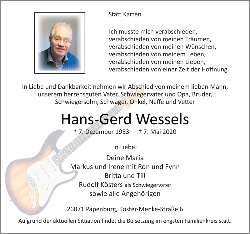  Traueranzeige für Hans-Gerd Wessels vom 09.05.2020 aus Neue Osnabrücker Zeitung GmbH & Co. KG