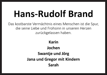 Traueranzeige von Hans-Rudolf Brand von Neue Osnabrücker Zeitung GmbH & Co. KG