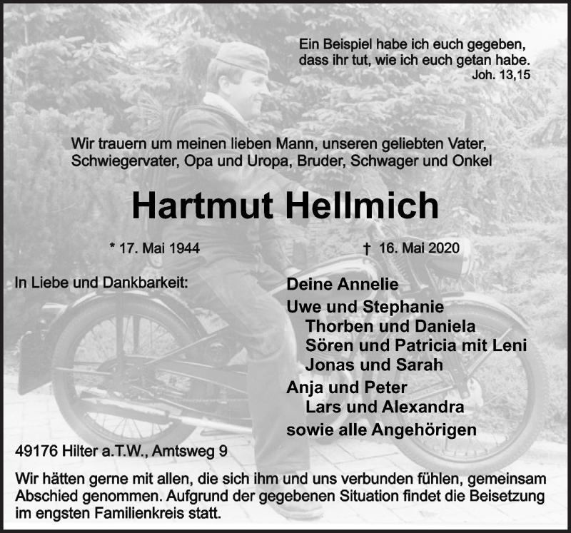  Traueranzeige für Hartmut Hellmich vom 20.05.2020 aus Neue Osnabrücker Zeitung GmbH & Co. KG