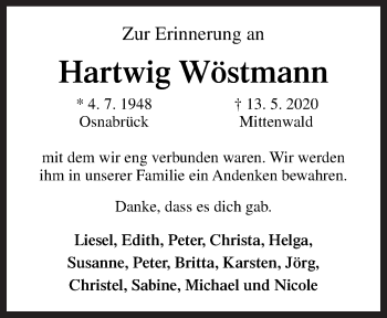 Traueranzeige von Hartwig Wöstmann von Neue Osnabrücker Zeitung GmbH & Co. KG