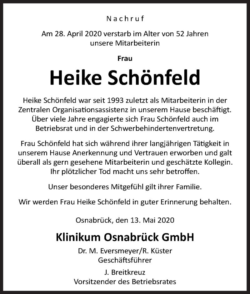  Traueranzeige für Heike Schönfeld vom 13.05.2020 aus Neue Osnabrücker Zeitung GmbH & Co. KG