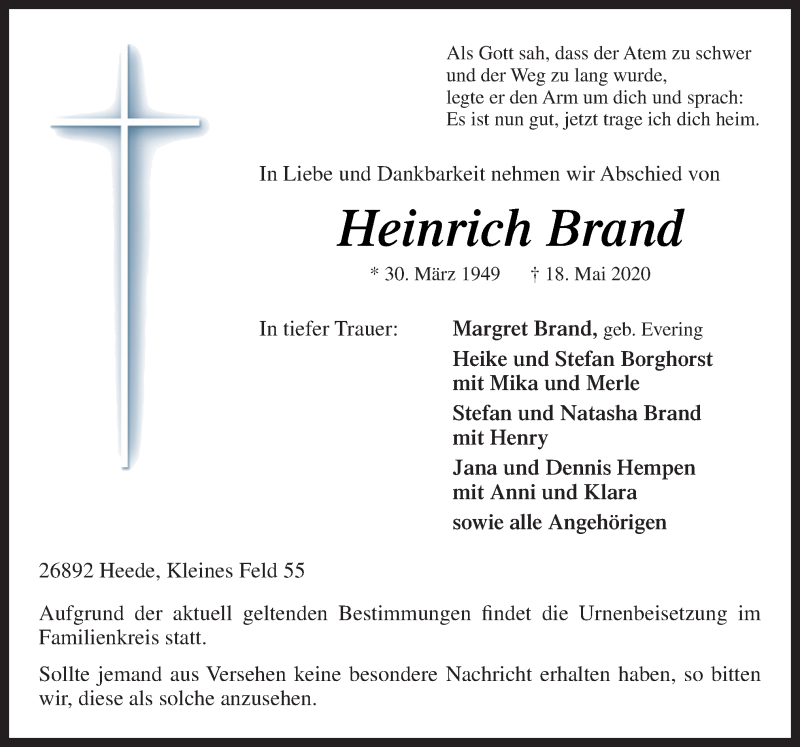  Traueranzeige für Heinrich Brand vom 22.05.2020 aus Neue Osnabrücker Zeitung GmbH & Co. KG