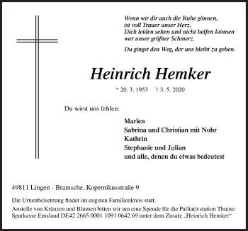 Traueranzeige von Heinrich Hemker von Neue Osnabrücker Zeitung GmbH & Co. KG