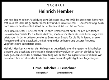 Traueranzeige von Heinrich Hemker von Neue Osnabrücker Zeitung GmbH & Co. KG