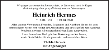 Traueranzeige von Heinrich Hermes von Neue Osnabrücker Zeitung GmbH & Co. KG