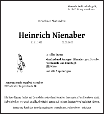 Traueranzeige von Heinrich Nienaber von Neue Osnabrücker Zeitung GmbH & Co. KG