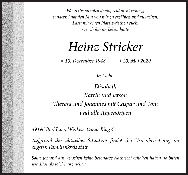  Traueranzeige für Heinz Stricker vom 23.05.2020 aus Neue Osnabrücker Zeitung GmbH & Co. KG