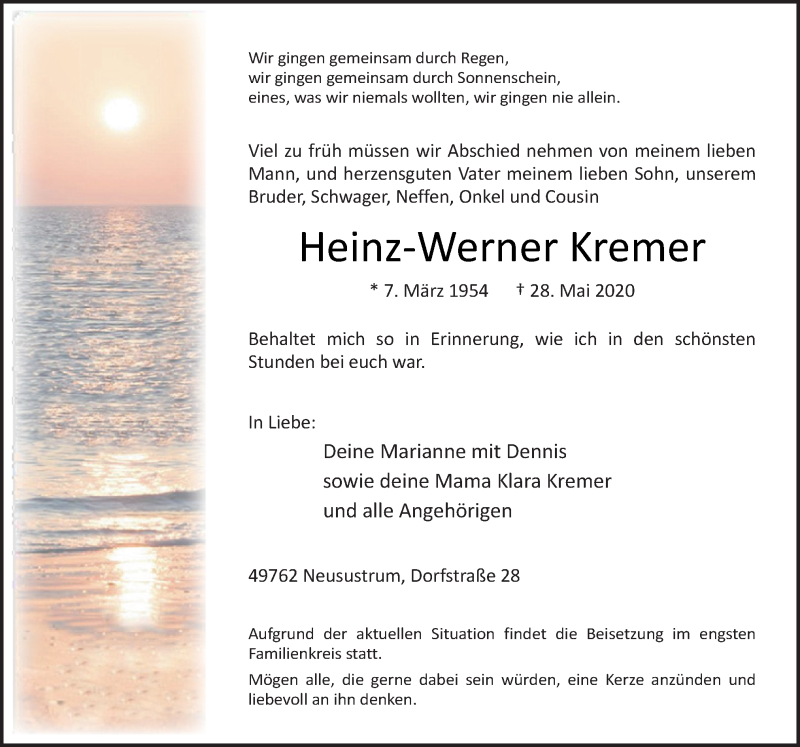  Traueranzeige für Heinz-Werner Kremer vom 30.05.2020 aus Neue Osnabrücker Zeitung GmbH & Co. KG