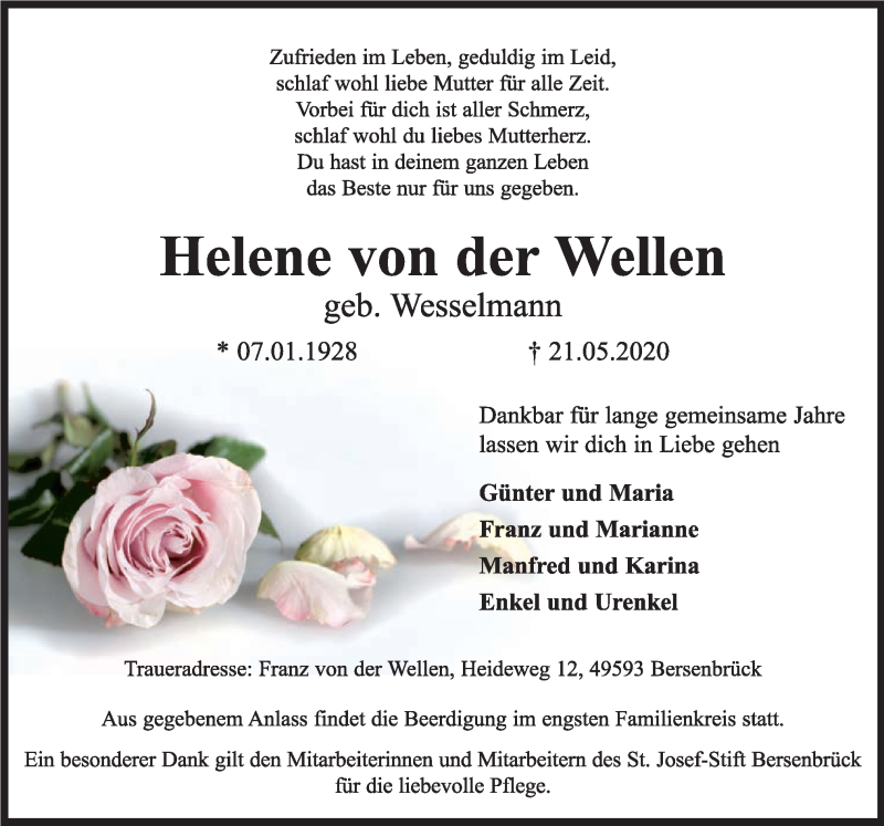  Traueranzeige für Helene von der Wellen vom 23.05.2020 aus Neue Osnabrücker Zeitung GmbH & Co. KG