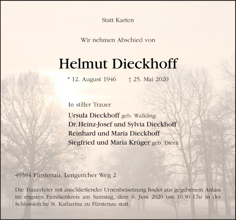  Traueranzeige für Helmut Dieckhoff vom 30.05.2020 aus Neue Osnabrücker Zeitung GmbH & Co. KG
