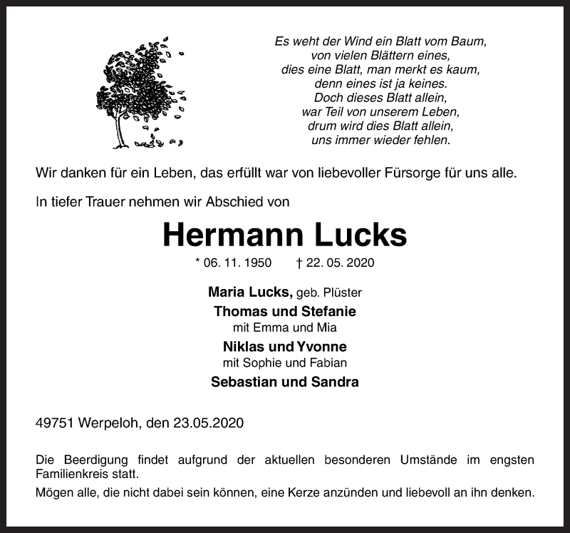  Traueranzeige für Hermann Lucks vom 26.05.2020 aus Neue Osnabrücker Zeitung GmbH & Co. KG