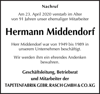 Traueranzeige von Hermann Middendorf von Neue Osnabrücker Zeitung GmbH & Co. KG
