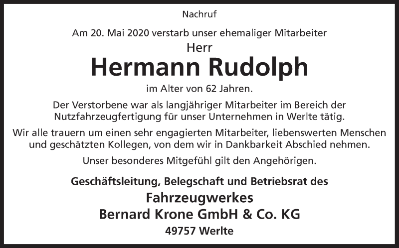  Traueranzeige für Hermann Rudolph vom 27.05.2020 aus Neue Osnabrücker Zeitung GmbH & Co. KG