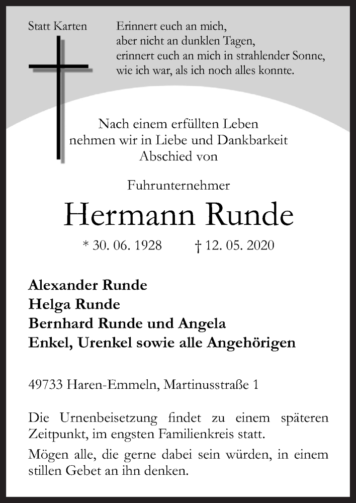  Traueranzeige für Hermann Runde vom 16.05.2020 aus Neue Osnabrücker Zeitung GmbH & Co. KG