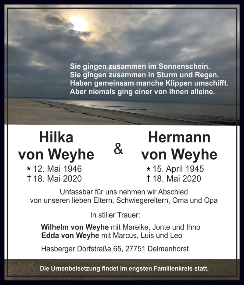  Traueranzeige für Hilka und Hermann von Weyhe vom 27.05.2020 aus Neue Osnabrücker Zeitung GmbH & Co. KG