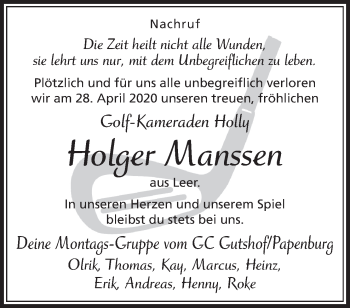 Traueranzeige von Holger Manssen von Neue Osnabrücker Zeitung GmbH & Co. KG