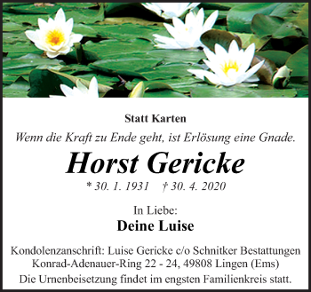 Traueranzeige von Horst Gericke von Neue Osnabrücker Zeitung GmbH & Co. KG