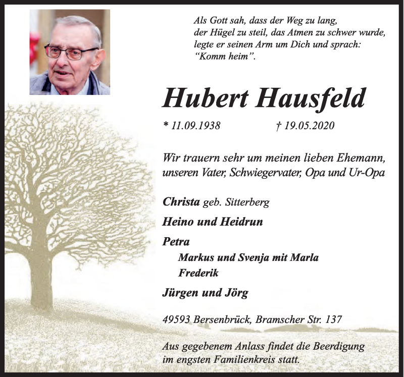  Traueranzeige für Hubert Hausfeld vom 22.05.2020 aus Neue Osnabrücker Zeitung GmbH & Co. KG