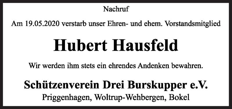  Traueranzeige für Hubert Hausfeld vom 25.05.2020 aus Neue Osnabrücker Zeitung GmbH & Co. KG