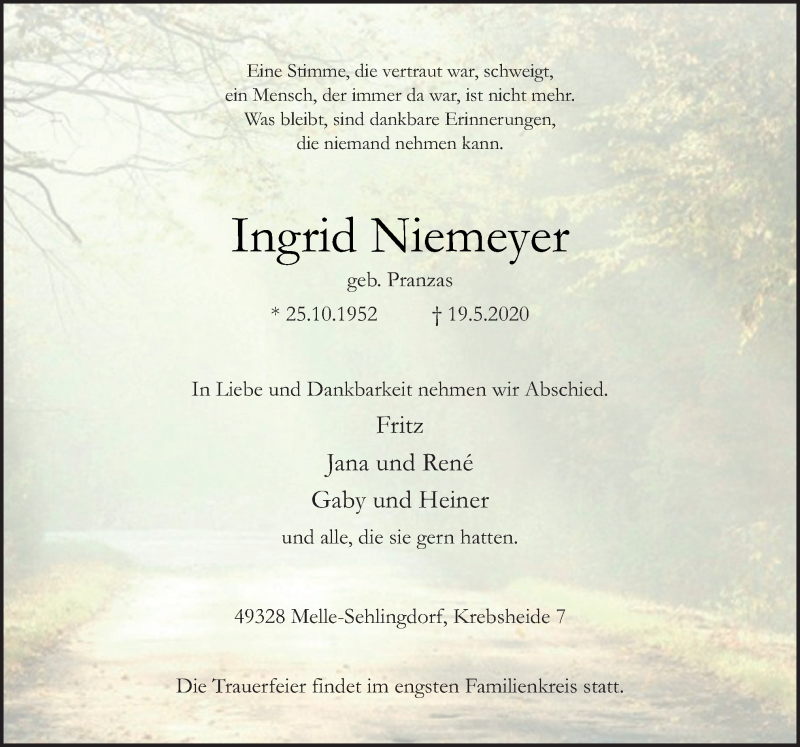  Traueranzeige für Ingrid Niemeyer vom 23.05.2020 aus Neue Osnabrücker Zeitung GmbH & Co. KG
