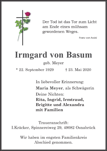 Traueranzeige von Irmgard von Basum von Neue Osnabrücker Zeitung GmbH & Co. KG
