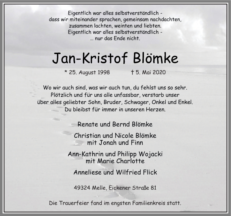  Traueranzeige für Jan-Kristof Blömke vom 13.05.2020 aus Neue Osnabrücker Zeitung GmbH & Co. KG