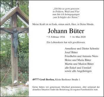 Traueranzeige von Johann Büter von Neue Osnabrücker Zeitung GmbH & Co. KG