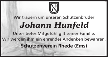 Traueranzeige von Johann Hunfeld von Neue Osnabrücker Zeitung GmbH & Co. KG