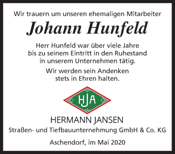 Traueranzeige von Johann Hunfeld von Neue Osnabrücker Zeitung GmbH & Co. KG