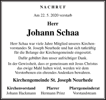 Traueranzeige von Johann Schaa von Neue Osnabrücker Zeitung GmbH & Co. KG