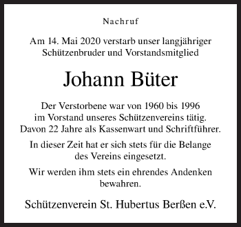 Traueranzeige von Johann Büter Büter von Neue Osnabrücker Zeitung GmbH & Co. KG