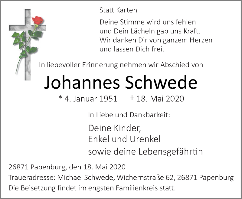  Traueranzeige für Johannes Schwede vom 23.05.2020 aus Neue Osnabrücker Zeitung GmbH & Co. KG