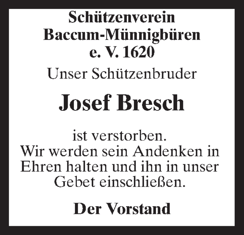  Traueranzeige für Josef Bresch vom 16.05.2020 aus Neue Osnabrücker Zeitung GmbH & Co. KG