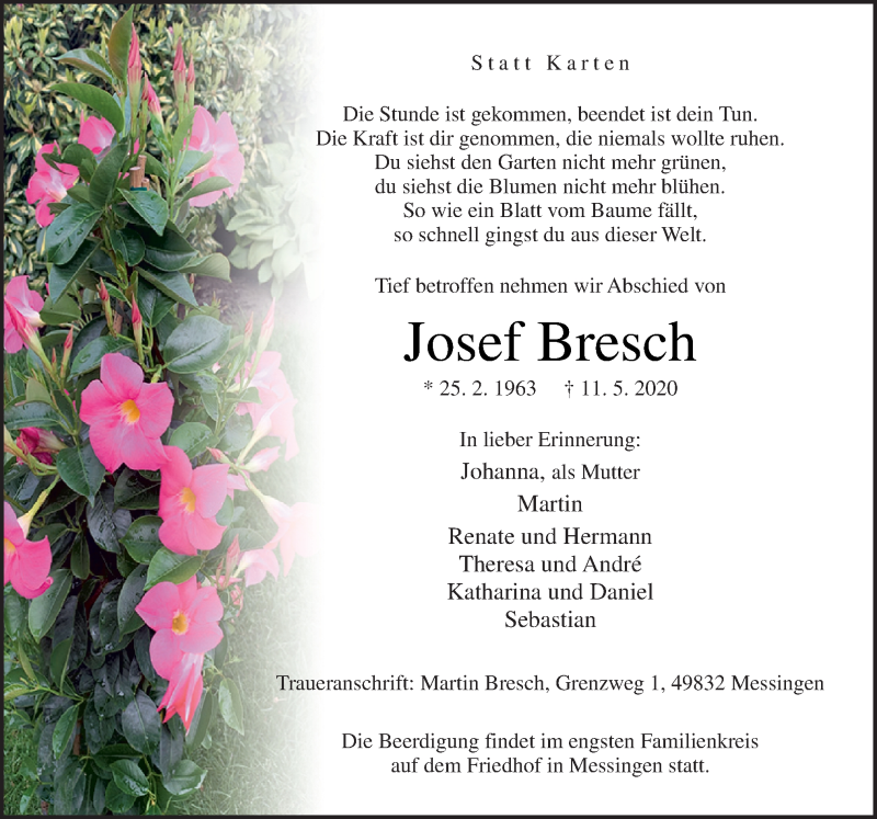  Traueranzeige für Josef Bresch vom 15.05.2020 aus Neue Osnabrücker Zeitung GmbH & Co. KG