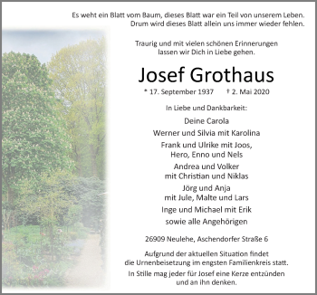 Traueranzeige von Josef Grothaus von Neue Osnabrücker Zeitung GmbH & Co. KG